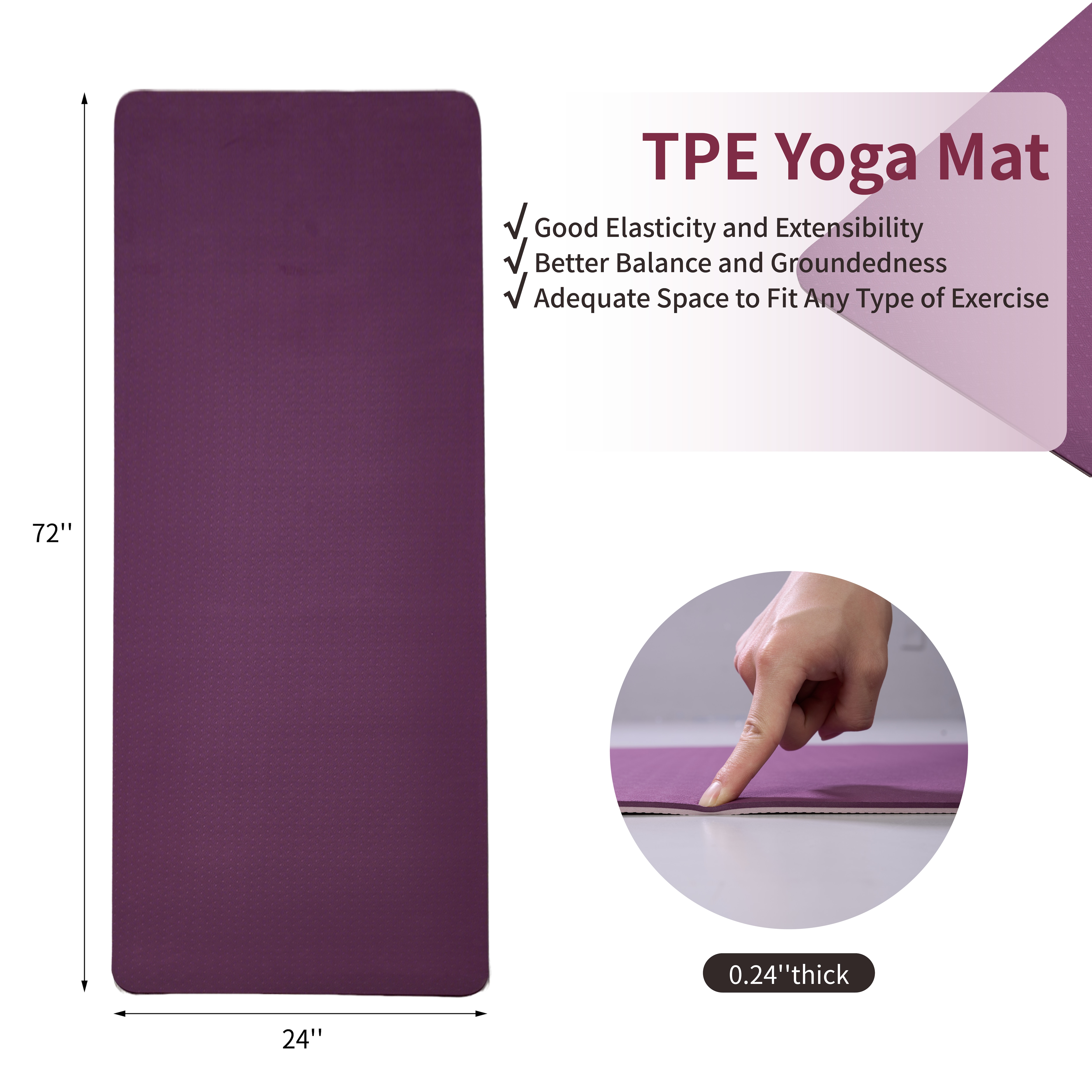 Yoga Mat, Exercise Yoga Mat With Non-Slip Design, Professional TPE Exericise Mat, 72" X 24" Multi-Purpose Workout Mat For Women, Pilates Fitness And Floor Exercises	_voghion.com